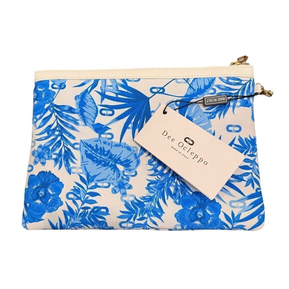 Dee Ocleppo Blue Palm Fabric Clutch with Dustbag NWT